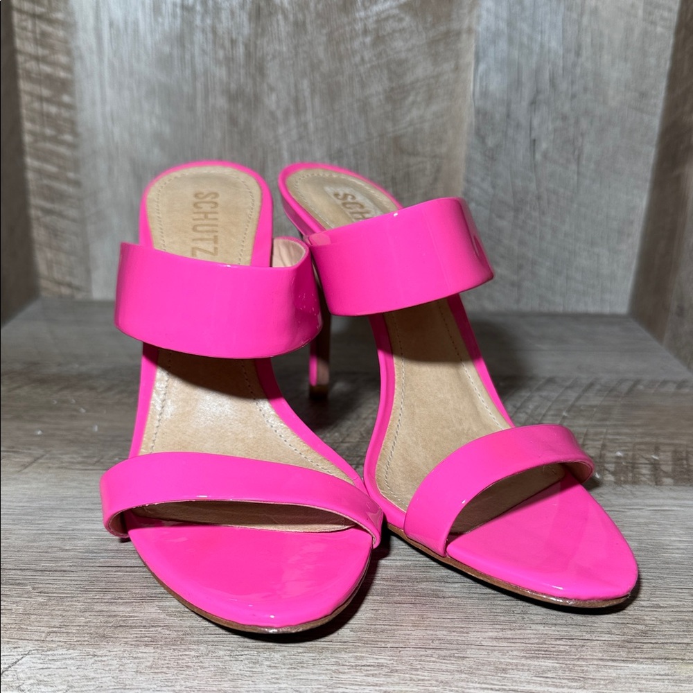 Schutz Leia Mule Heel Sandals in neon pink - Picture 3 of 13
